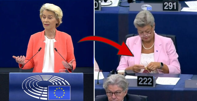 Ylva Johansson knitting during Ursula von der Leyen’s speech